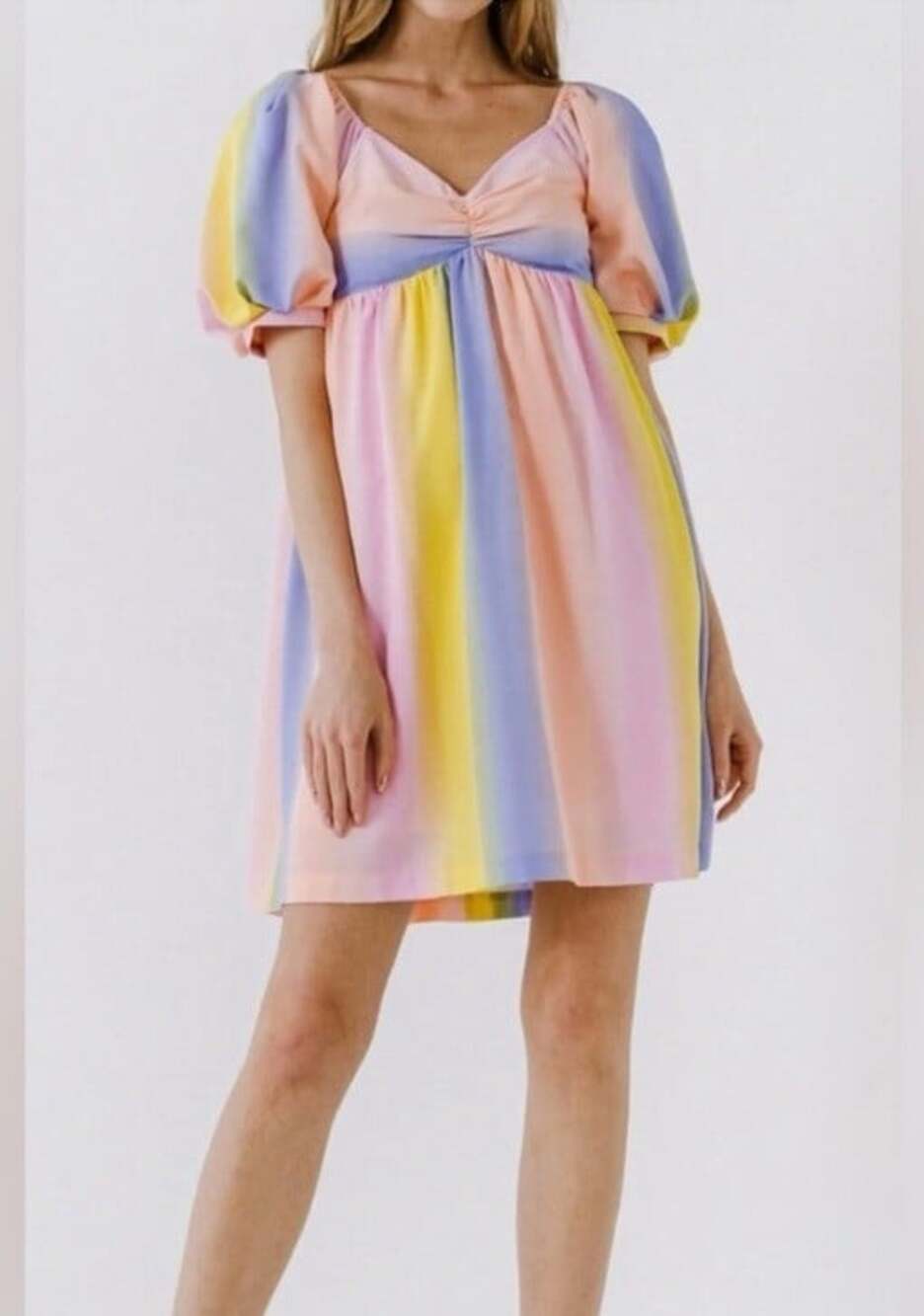 English Factory Multi Color Stripe Puff Sleeve Cottagecore Babydoll Mini Dress-M